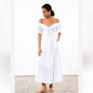 Mara Hoffman Adelina White Checkered Linen Off the Shoulder Wrap Dress XL